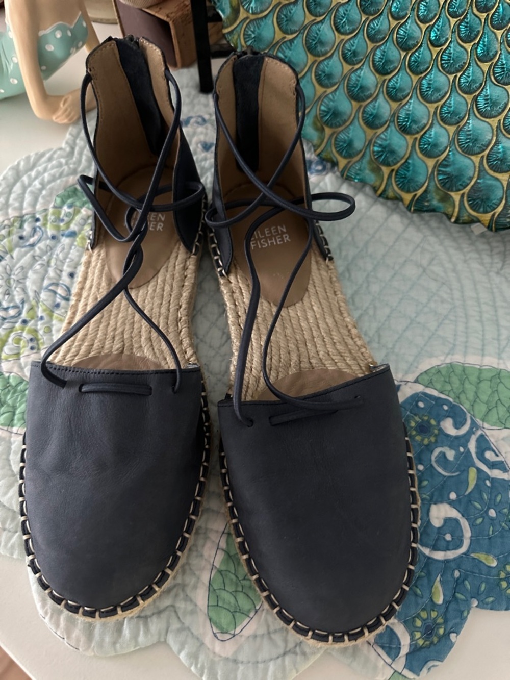Eileen Fisher Navy Leather Espadrille Lace-Up Flats - Picture 4 of 8